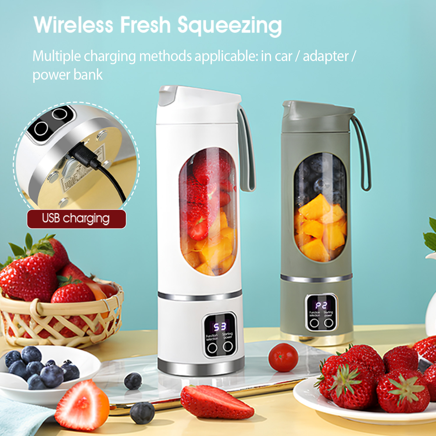 MEEVIDA 500ML Portable Juice Cup Juicer Blender 12 Blades Juice Mixer USB LCD Display Fruit Heavy Duty Juice Maker - Purple - Image 9