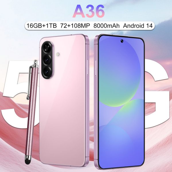 5G New Smartphone A36 7.3 inch Big Screen Android 14.0 Global Version Memory 16GB+1TB 8000mAh Massive Battery Octa-core - White
