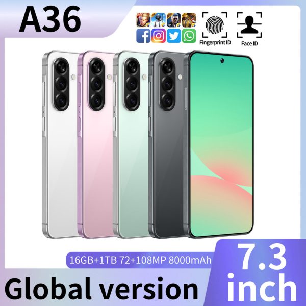 5G New Smartphone A36 7.3 inch Big Screen Android 14.0 Global Version Memory 16GB+1TB 8000mAh Massive Battery Octa-core - White