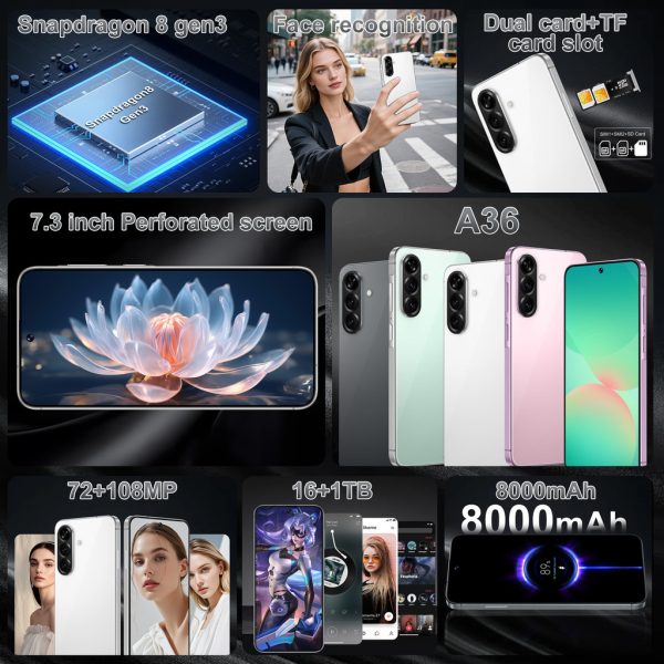 5G New Smartphone A36 7.3 inch Big Screen Android 14.0 Global Version Memory 16GB+1TB 8000mAh Massive Battery Octa-core - White