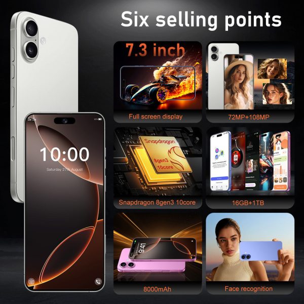 2026 New Product Multifunctional Smartphone i16 Plus 7.3 inch Big Screen Large memory 16GB+1TB 5G All-Network Compatible Mobile - Black