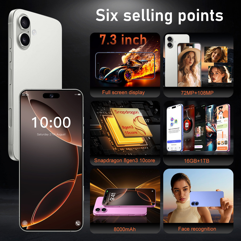 2026 New Product Multifunctional Smartphone i16 Plus 7.3 inch Big Screen Large memory 16GB+1TB 5G All-Network Compatible Mobile - Black - Image 8