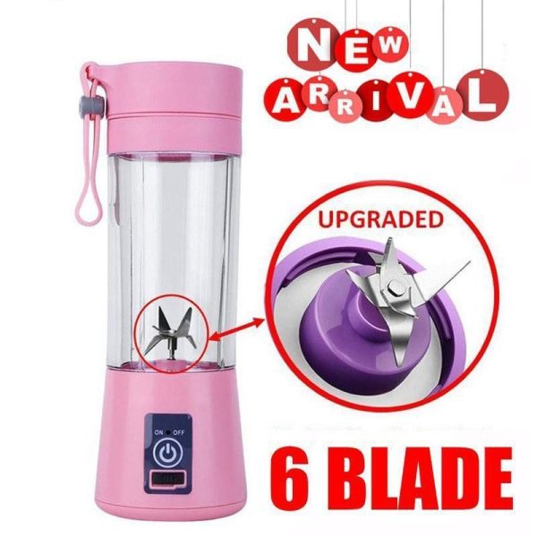 Portable Electric Juice Blender (380ml) - USB Rechargeable Mini Fruit Mixer with 6 Blades - Pink