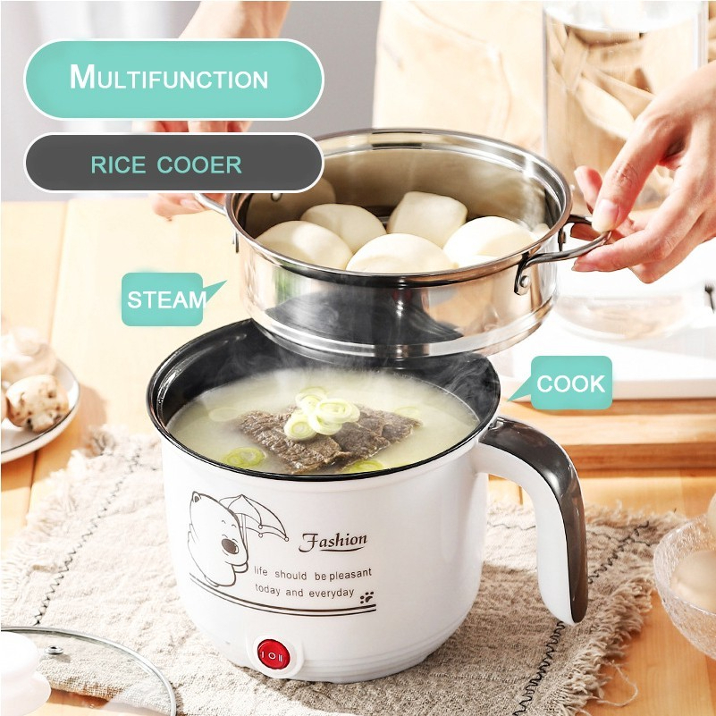 Electric Cooker 1.8L Non-Stick Mini Pot with Steamer Tray, Frying Pan, Multi-Cooker Mini Rice Cooker - White - Image 2