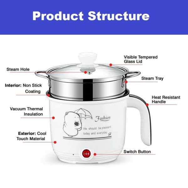 Electric Cooker 1.8L Non-Stick Mini Pot with Steamer Tray, Frying Pan, Multi-Cooker Mini Rice Cooker - White