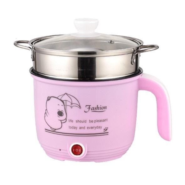 Electric Cooker 1.8L Non-Stick Mini Pot with Steamer Tray, Frying Pan, Multi-Cooker Mini Rice Cooker - Pink