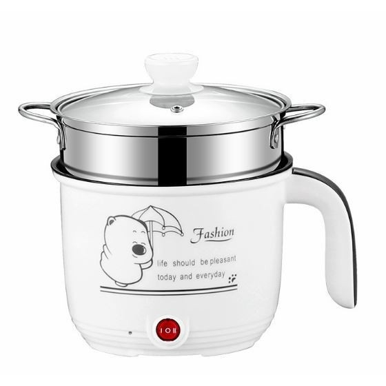 Electric Cooker 1.8L Non-Stick Mini Pot with Steamer Tray, Frying Pan, Multi-Cooker Mini Rice Cooker - White