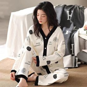 Women 2 Pieces Casual Buttons Up Floral Print Pajamas Comfy Set Loose Long Sleeve With Long Pants - Black Rose - Image 1