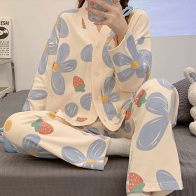 Women 2 Pieces Casual Buttons Up Floral Print Pajamas Comfy Set Loose Long Sleeve With Long Pants - Blue Flower