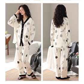 Women 2 Pieces Casual Buttons Up Floral Print Pajamas Comfy Set Loose Long Sleeve With Long Pants - Black Rose - Image 2