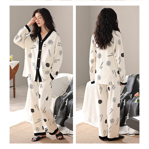 Women 2 Pieces Casual Buttons Up Floral Print Pajamas Comfy Set Loose Long Sleeve With Long Pants - Black Rose