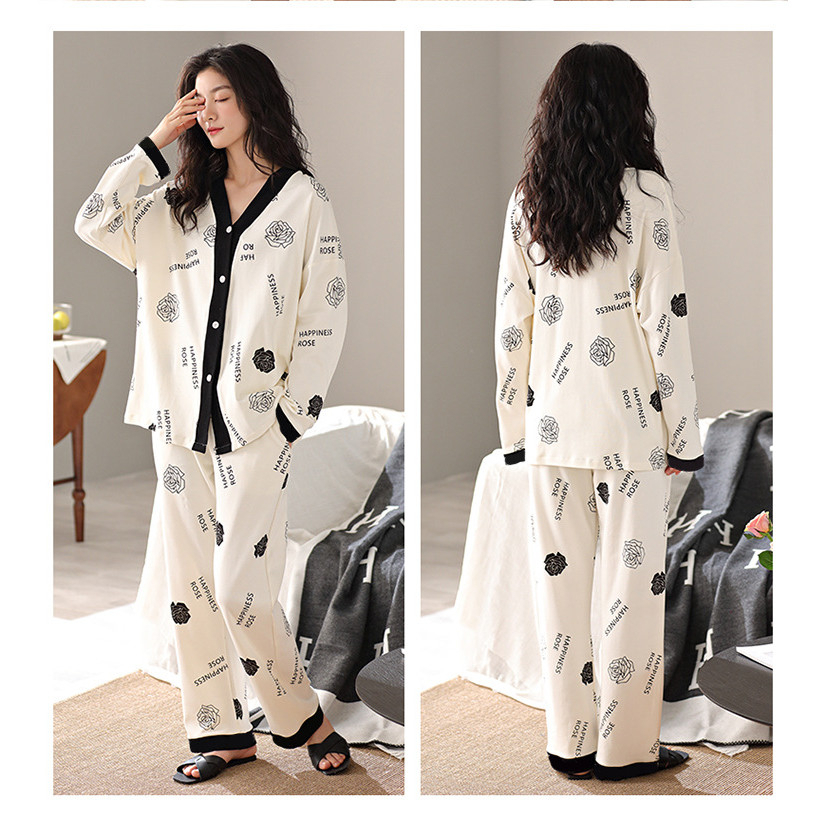 Women 2 Pieces Casual Buttons Up Floral Print Pajamas Comfy Set Loose Long Sleeve With Long Pants - Black Rose - Image 2