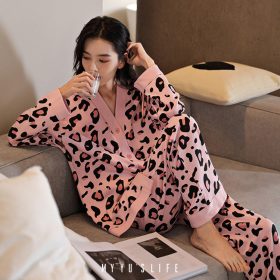 Women 2 Pieces Casual Buttons Up Floral Print Pajamas Comfy Set Loose Long Sleeve With Long Pants - Pink Leopard