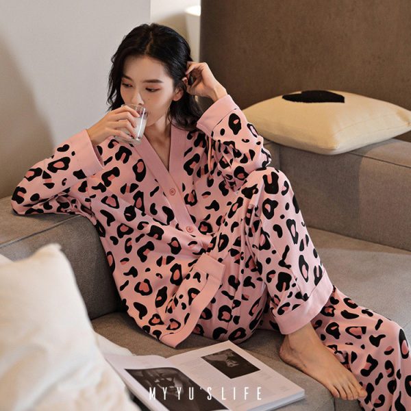 Women 2 Pieces Casual Buttons Up Floral Print Pajamas Comfy Set Loose Long Sleeve With Long Pants - Pink Leopard