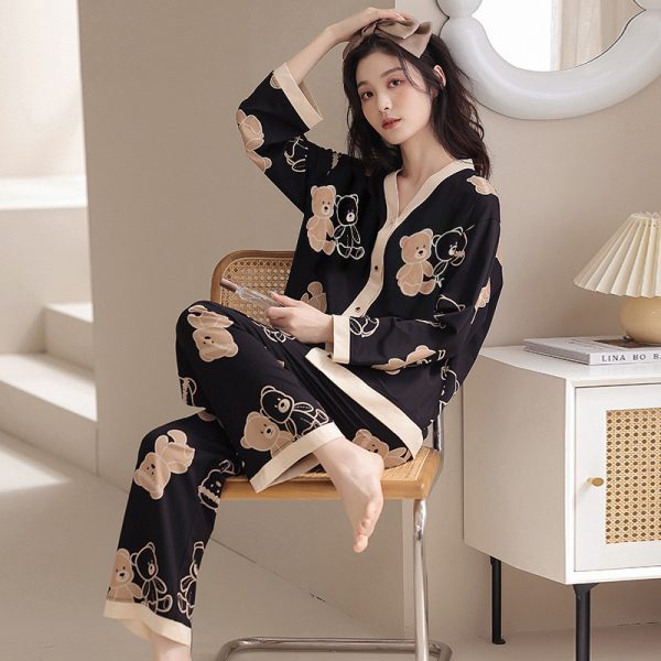 Women 2 Pieces Casual Buttons Up Floral Print Pajamas Comfy Set Loose Long Sleeve With Long Pants - Black Bear