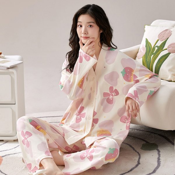 Women 2 Pieces Casual Buttons Up Floral Print Pajamas Comfy Set Loose Long Sleeve With Long Pants - Pink Strawberry