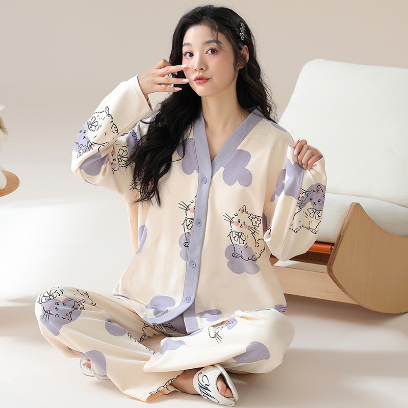 Women 2 Pieces Casual Buttons Up Floral Print Pajamas Comfy Set Loose Long Sleeve With Long Pants - Purple Cat - Image 1