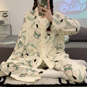 Women 2 Pieces Casual Buttons Up Floral Print Pajamas Comfy Set Loose Long Sleeve With Long Pants - Green Puppy