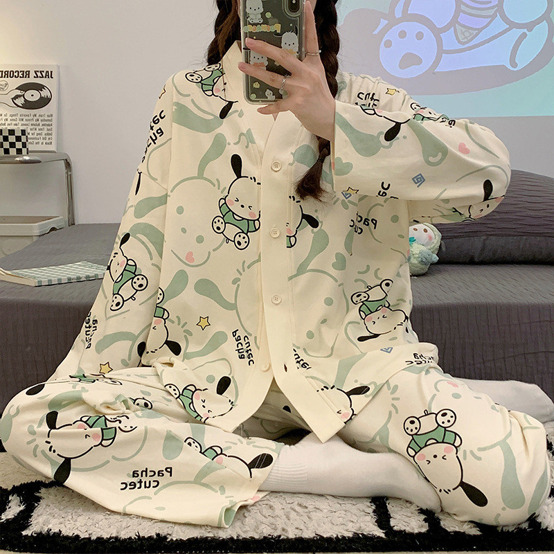 Women 2 Pieces Casual Buttons Up Floral Print Pajamas Comfy Set Loose Long Sleeve With Long Pants - Green Puppy - Image 1