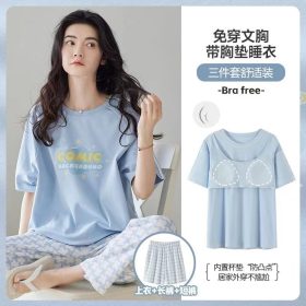 Women Summer Casual Sweet Padded Pajamas Set 3pcs Short Sleeve Loose Home Wear Short/Long PajamaS Pants Set Outfit - Blue - Image 1