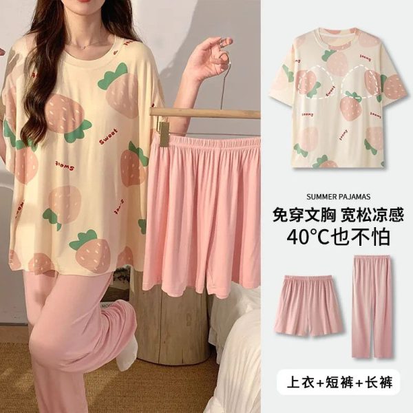 Women Summer Casual Sweet Padded Pajamas Set 3pcs Short Sleeve Loose Home Wear Short/Long Pajamas Pants Set Outfit - Pink
