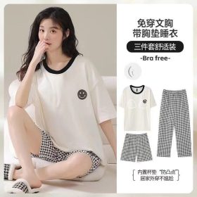 Women Summer Casual Sweet Padded Pajamas Set 3pcs Short Sleeve Loose Home Wear Short/Long PajamaS Pants Set Outfit - White