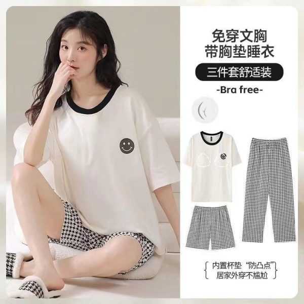Women Summer Casual Sweet Padded Pajamas Set 3pcs Short Sleeve Loose Home Wear Short/Long PajamaS Pants Set Outfit - White