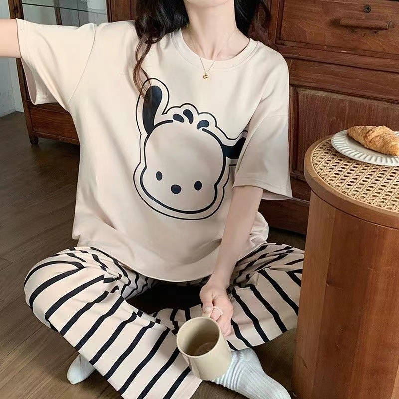 Women Summer Casual Sweet Padded Pajamas Set 3pcs Short Sleeve Loose Home Wear Short/Long Pajamas Pants Set Outfit - Beige - Image 3