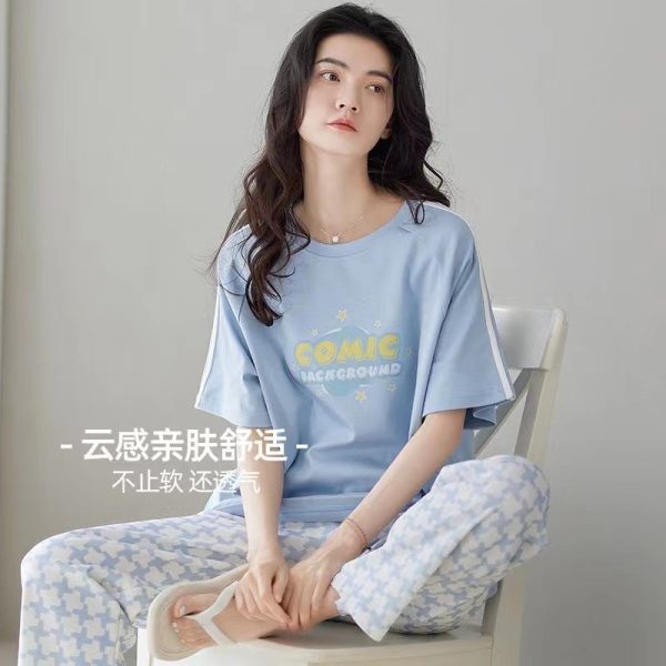Women Summer Casual Sweet Padded Pajamas Set 3pcs Short Sleeve Loose Home Wear Short/Long PajamaS Pants Set Outfit - Blue