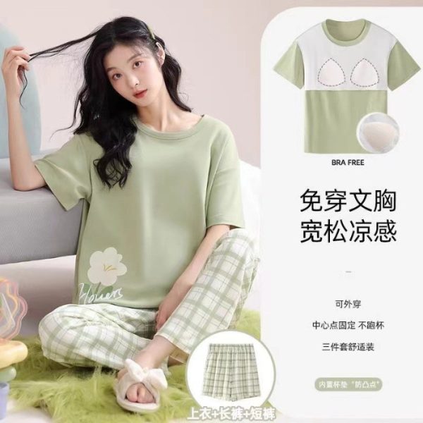 Women Summer Casual Sweet Padded Pajamas Set 3pcs Short Sleeve Loose Home Wear Short/Long PajamaS Pants Set Outfit - Green