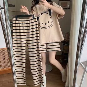 Women Summer Casual Sweet Padded Pajamas Set 3pcs Short Sleeve Loose Home Wear Short/Long Pajamas Pants Set Outfit - Beige - Image 2