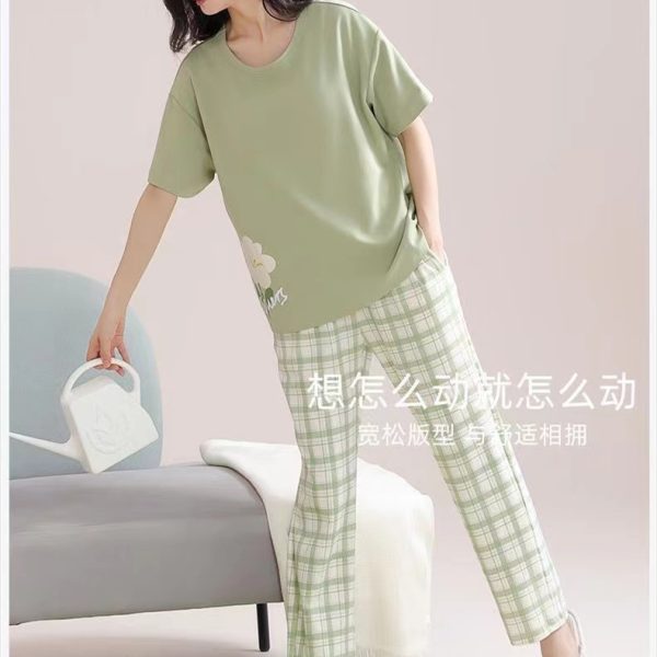 Women Summer Casual Sweet Padded Pajamas Set 3pcs Short Sleeve Loose Home Wear Short/Long PajamaS Pants Set Outfit - Green