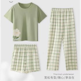 Women Summer Casual Sweet Padded Pajamas Set 3pcs Short Sleeve Loose Home Wear Short/Long PajamaS Pants Set Outfit - Green - Image 3