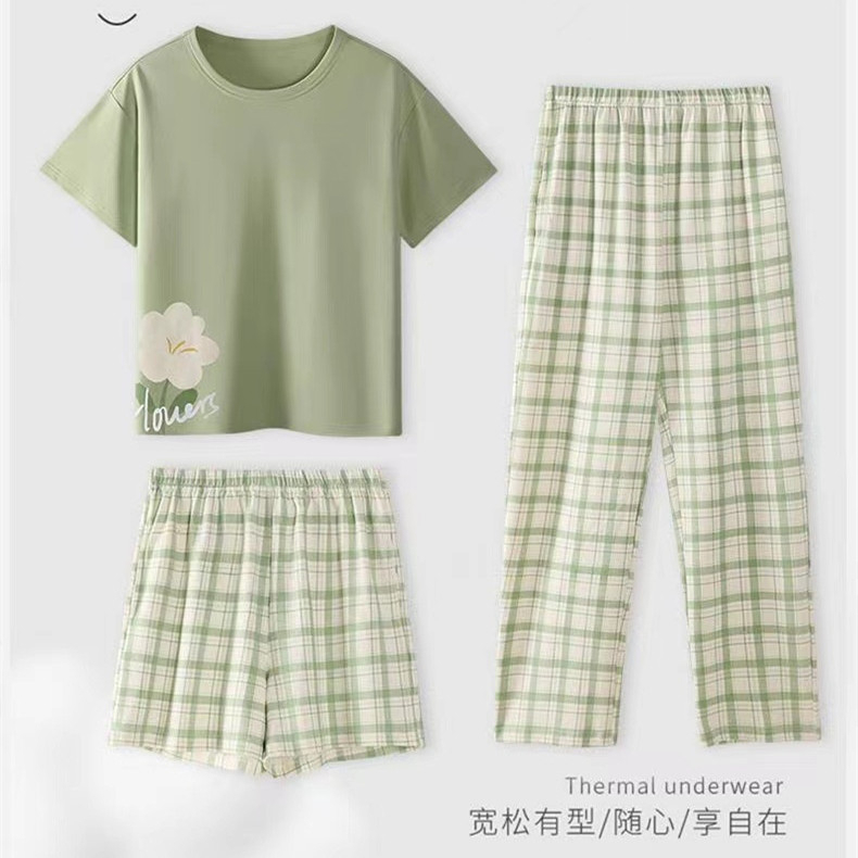 Women Summer Casual Sweet Padded Pajamas Set 3pcs Short Sleeve Loose Home Wear Short/Long PajamaS Pants Set Outfit - Green - Image 3