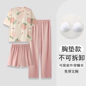 Women Summer Casual Sweet Padded Pajamas Set 3pcs Short Sleeve Loose Home Wear Short/Long Pajamas Pants Set Outfit - Pink - Image 2