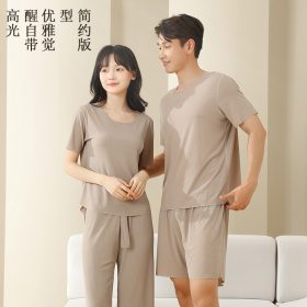 Men Summer Loose Ice Silk Couple Plus Size Pajamas Short-Sleeved Loungewear Pajamas - Khaki - Image 2