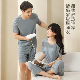 Women Summer Loose Ice Silk Couple Plus Size Pajamas Short-Sleeved Loungewear Pajamas - Blue - Image 2