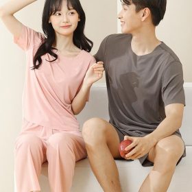 Women Summer Loose Ice Silk Couple Plus Size Pajamas Short-Sleeved Loungewear Pajamas - Blue - Image 6