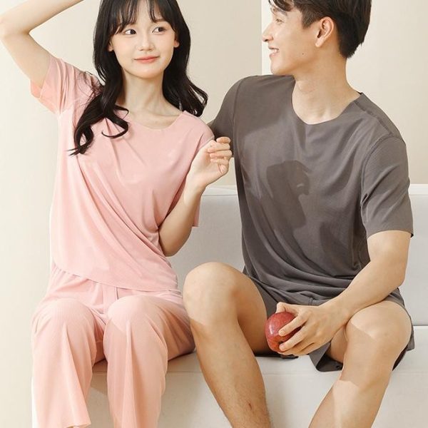 Women Summer Loose Ice Silk Couple Plus Size Pajamas Short-Sleeved Loungewear Pajamas - Blue