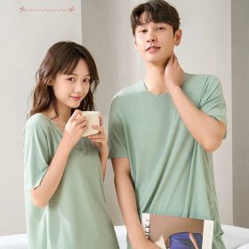 Women Summer Loose Ice Silk Couple Plus Size Pajamas Short-Sleeved Loungewear Pajamas - Green - Image 2