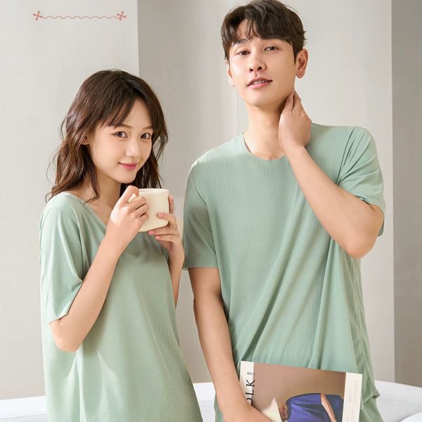 Women Summer Loose Ice Silk Couple Plus Size Pajamas Short-Sleeved Loungewear Pajamas - Green