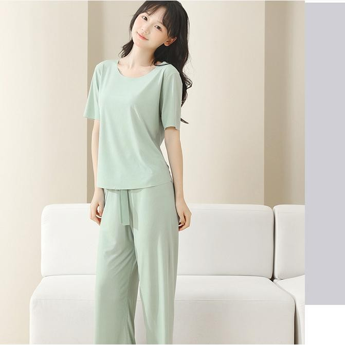 Women Summer Loose Ice Silk Couple Plus Size Pajamas Short-Sleeved Loungewear Pajamas - Blue - Image 3