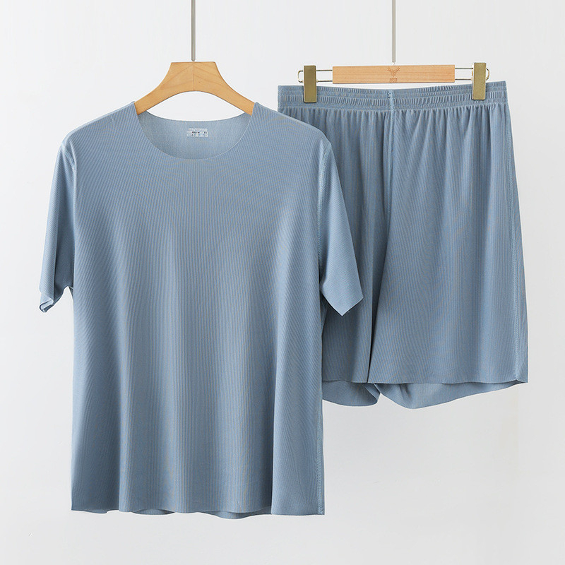 Men Summer Loose Ice Silk Couple Plus Size Pajamas Short-Sleeved Loungewear Pajamas - Blue - Image 1
