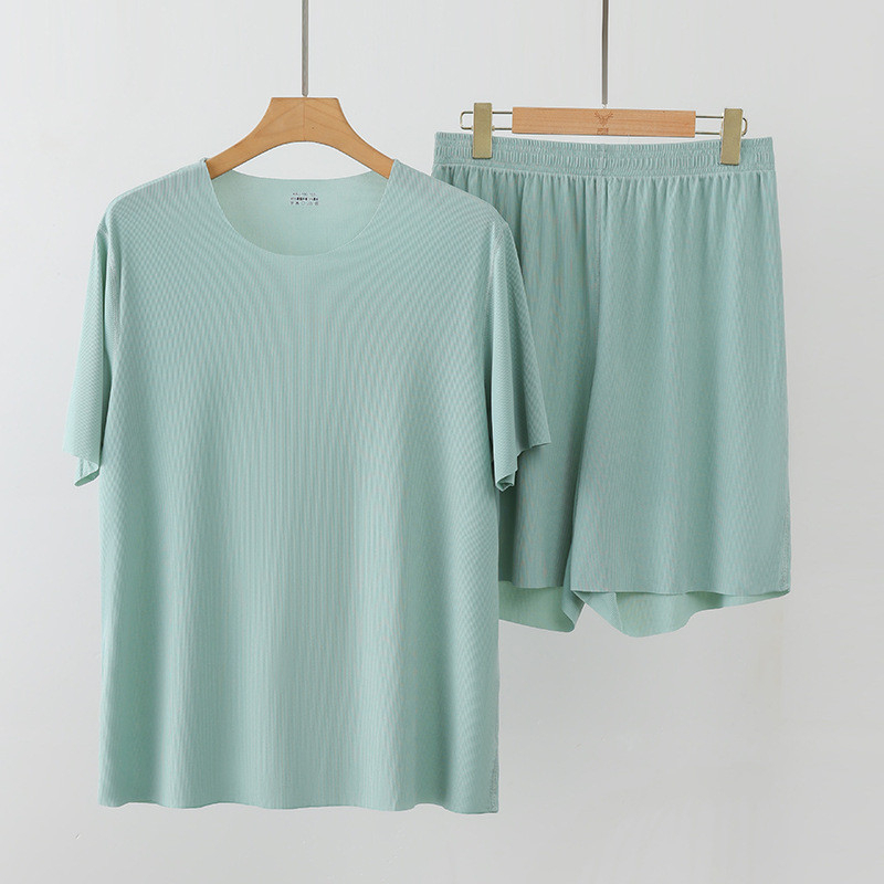 Men Summer Loose Ice Silk Couple Plus Size Pajamas Short-Sleeved Loungewear Pajamas - Green - Image 1