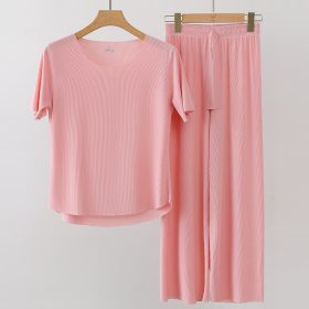 Women Summer Loose Ice Silk Couple Plus Size Pajamas Short-Sleeved Loungewear Pajamas - Pink
