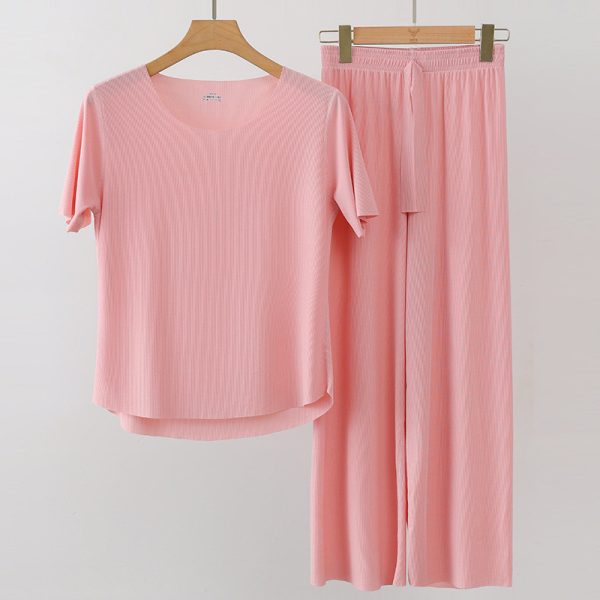 Women Summer Loose Ice Silk Couple Plus Size Pajamas Short-Sleeved Loungewear Pajamas - Pink