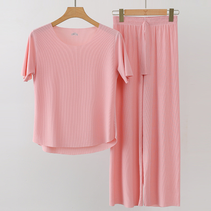 Women Summer Loose Ice Silk Couple Plus Size Pajamas Short-Sleeved Loungewear Pajamas - Pink - Image 1