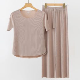 Women Summer Loose Ice Silk Couple Plus Size Pajamas Short-Sleeved Loungewear Pajamas - Khaki
