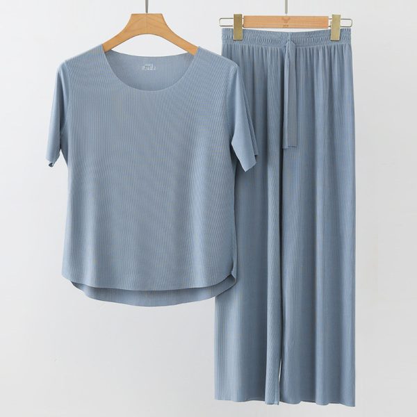 Women Summer Loose Ice Silk Couple Plus Size Pajamas Short-Sleeved Loungewear Pajamas - Blue