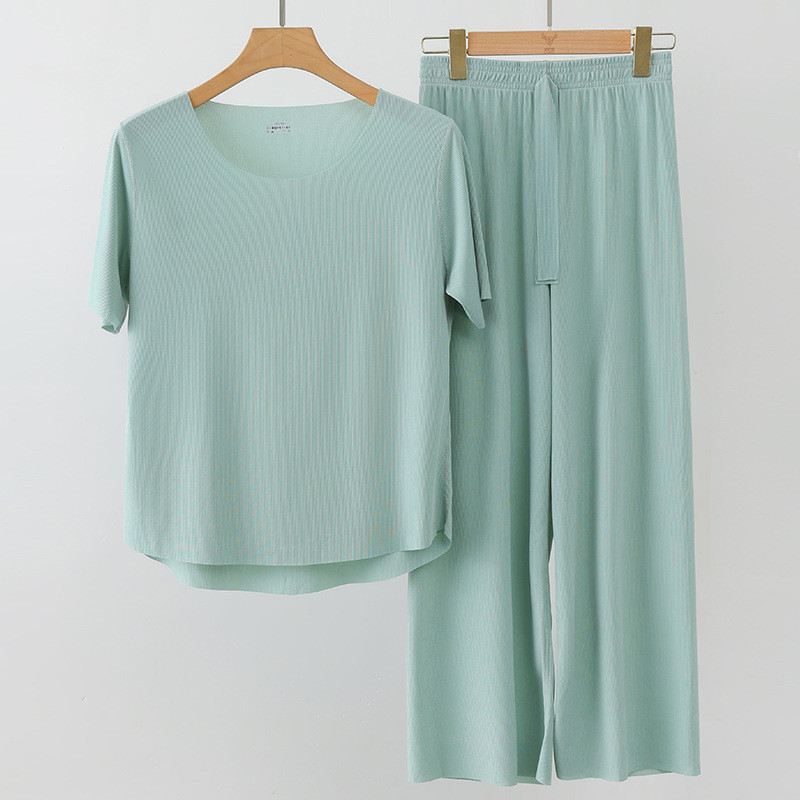 Women Summer Loose Ice Silk Couple Plus Size Pajamas Short-Sleeved Loungewear Pajamas - Green - Image 1